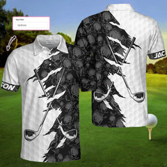 Golf Ripped Skull Custom Polo Shirt, Black And White Skull Pattern Golf Shirt, Best Crossed Golf Clubs Shirt - Hyperfavor
