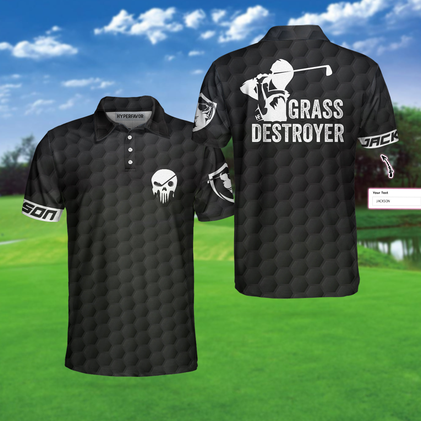Grass Destroyer Custom Polo Shirt, Black Skull Golfing Shirt Design, Personalized Golf Gift Idea For Male - Hyperfavor