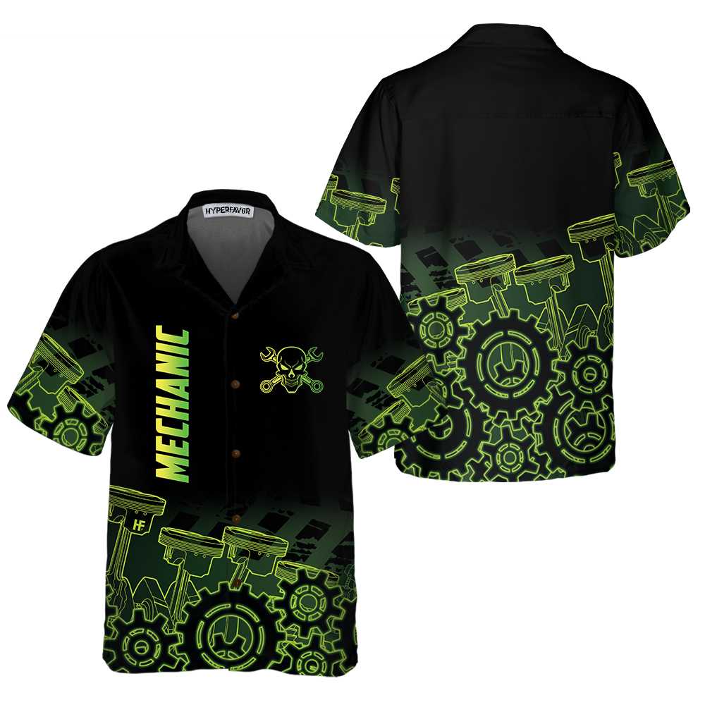 Green Steampunk Mechanic Hawaiian Shirt, Button Up Mechanic Shirt For Men, Cool Mechanic Gift - Hyperfavor