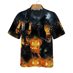 Halloween Black Cat & Pumpkin Hawaiian Shirt, Spooky Halloween Shirt For Men And Women - Hyperfavor
