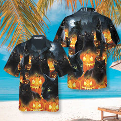 Halloween Black Cat & Pumpkin Hawaiian Shirt, Spooky Halloween Shirt For Men And Women - Hyperfavor