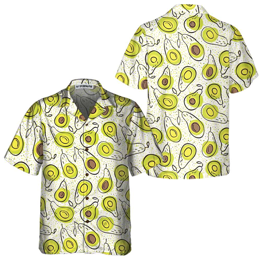 Hand Drawn Avocado Pattern Hawaiian Shirt, Funny Avocado Shirt, Short Sleeve Avocado Print Shirt - Hyperfavor
