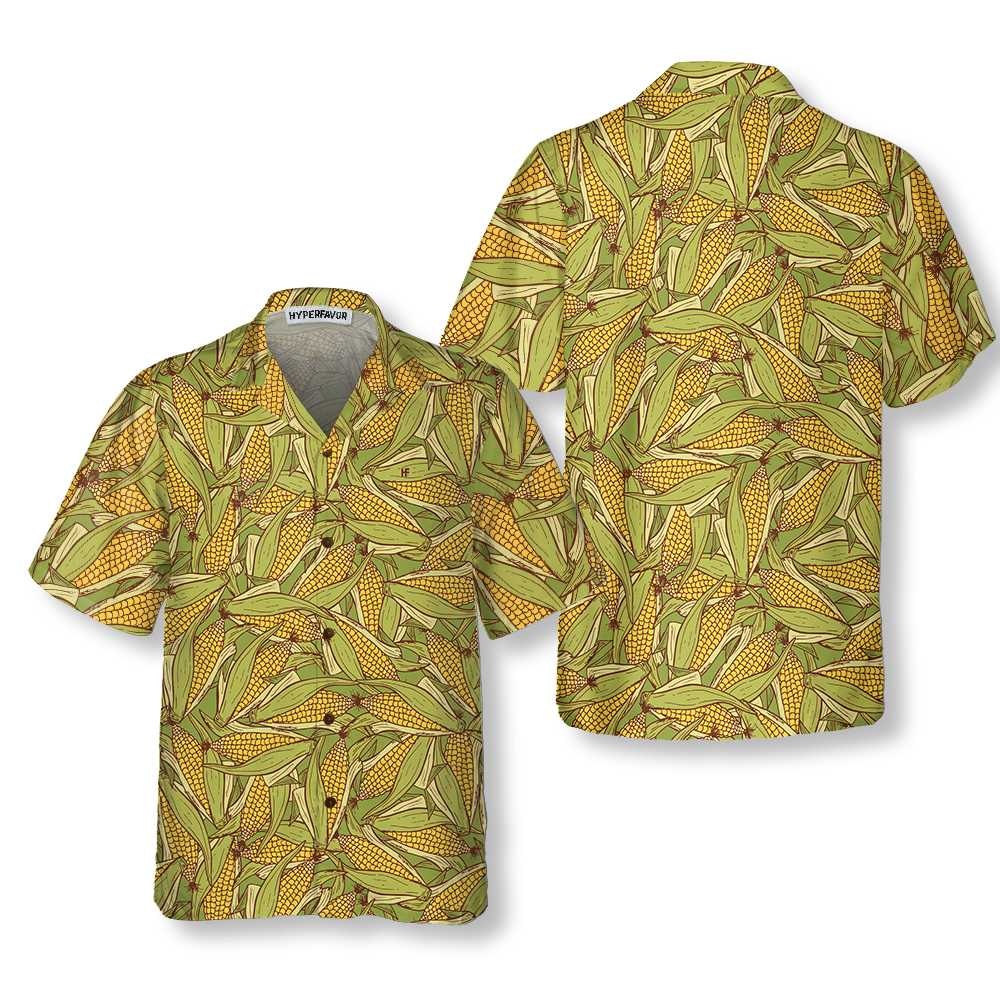 Hand Drawn Doodle Corn Cobs Hawaiian Shirt, Corn Shirt Button Up, Hawaiian Shirt With Corn - Hyperfavor