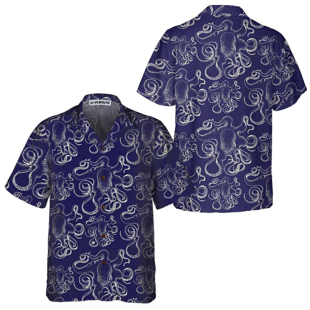 Hand Drawn Octopus Hawaiian Shirt, Unique Navy Octopus Shirt For Men & Women - Hyperfavor