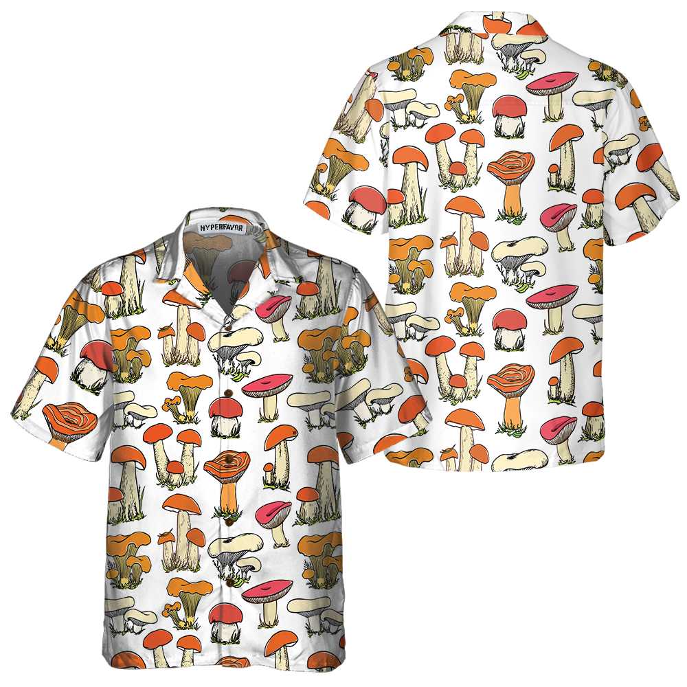 Hand Drawn Wild Mushrooms Hawaiian Shirt, Unique Mushroom Shirt, Mushroom Print Shirt - Hyperfavor