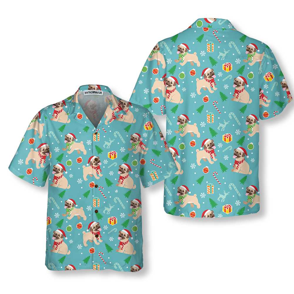 Happy Pug Dog Christmas Hawaiian Shirt, Funny Pug Christmas Shirt - Hyperfavor
