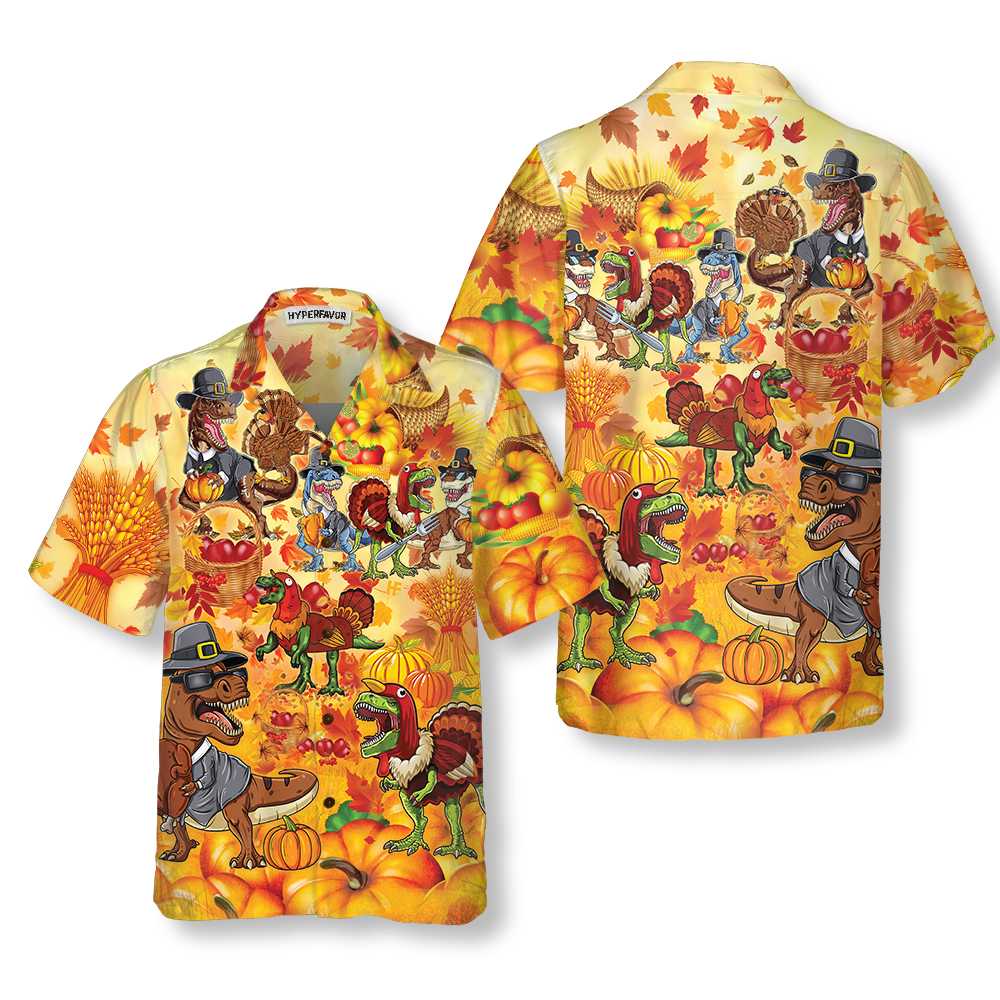 Happy Thanksgiving Dinosaurs T Rex Thanksgiving Hawaiian Shirt, Funny Dinosaur Hawaiian Shirt For Dinosaur Lover - Hyperfavor