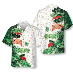 Hi Santa Behind Christmas Tree Christmas Hawaiian Shirt, Cute Santa Claus Hawaiian Shirt - Hyperfavor