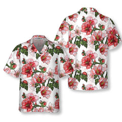 Hibiscus With Ladybug Seamless Pattern Hawaiian Shirt, Short Sleeve Red Hibiscus Shirt - Hyperfavor
