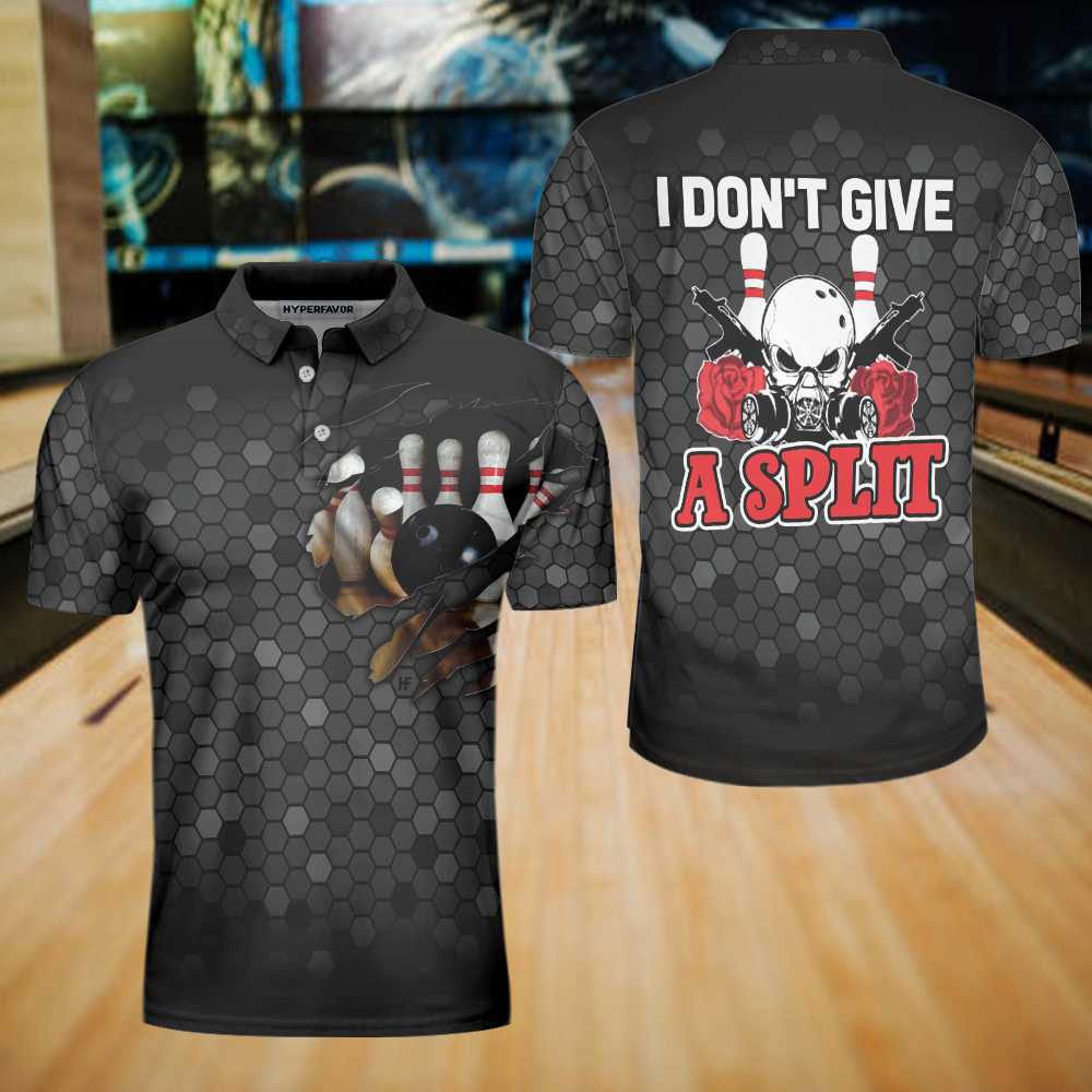 I Don't Give A Split Polo Shirt, Black Skull Bowling Polo Shirt For Bowlers, Cool Bowling Gift Idea - Hyperfavor