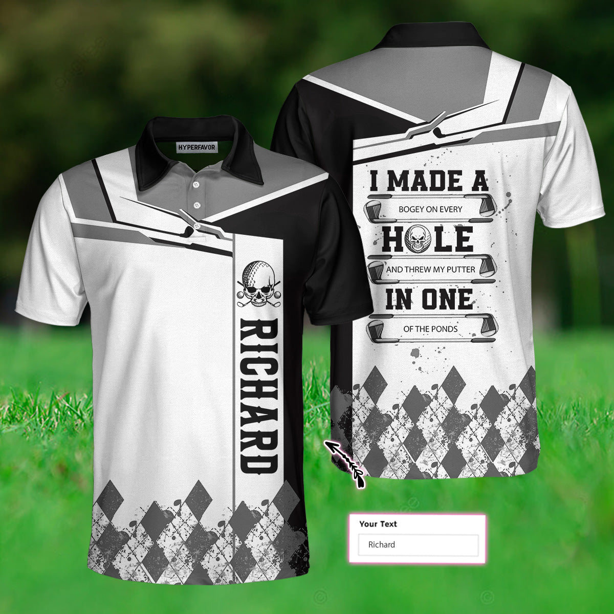 I Made A Hole In One Golf V2 Custom Polo Shirt, Black And White Argyle Pattern Polo Shirt, Personalized Golf Gift - Hyperfavor