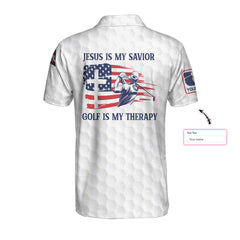 Jesus Is My Savior Golf Is My Therapy Custom Polo Shirt, American Flag Golf Shirt For Good Christians - Hyperfavor