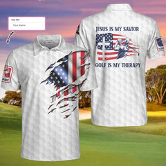 Jesus Is My Savior Golf Is My Therapy Custom Polo Shirt, American Flag Golf Shirt For Good Christians - Hyperfavor