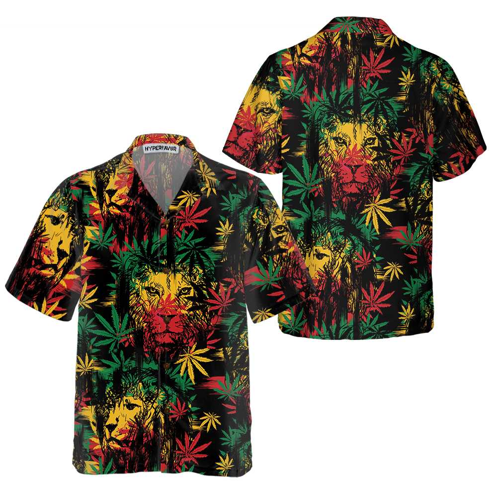 Lion Head With Cannabis Marijuana Leaves Lion Hawaiian Shirt, Button Up Lion Shirt For Men & Women, Cool Gift For Lion Lover - Hyperfavor