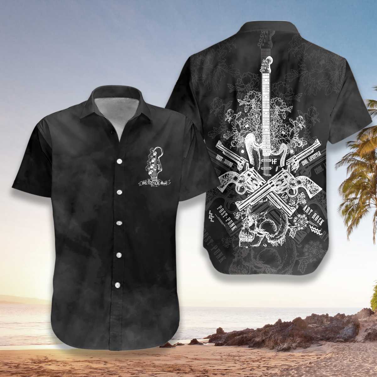 Live Rock And Roll Black And Smoke Guitar Hawaiian Shirt - Hyperfavor