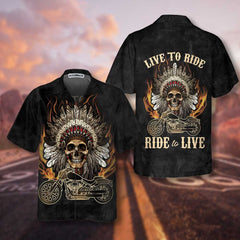 Live To Ride Skull Biker Native American Motorcycle Hawaiian Shirt, American Indian Motorcycle Shirt, Best Gift For Bikers - Hyperfavor