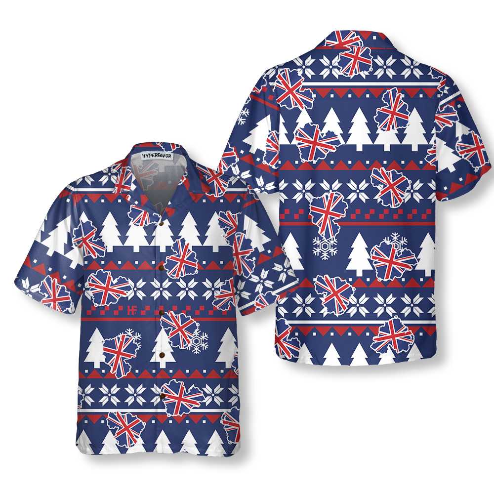 London Ugly Christmas Pattern Hawaiian Shirt, England Flag Christmas Shirt For Men - Hyperfavor