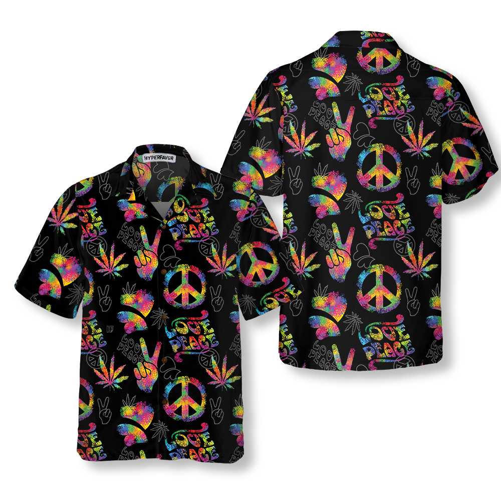 Love Peace Hippie Hawaiian Shirt, Rainbow Hippie Symbols Shirt - Hyperfavor