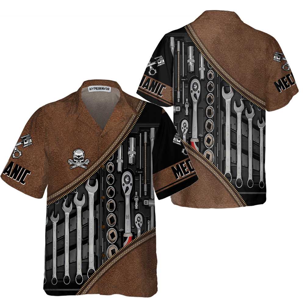 Mechanic Tools Skull Mechanic Hawaiian Shirt, Vintage Mechanic Shirt For Men, Cool Mechanic Gift - Hyperfavor