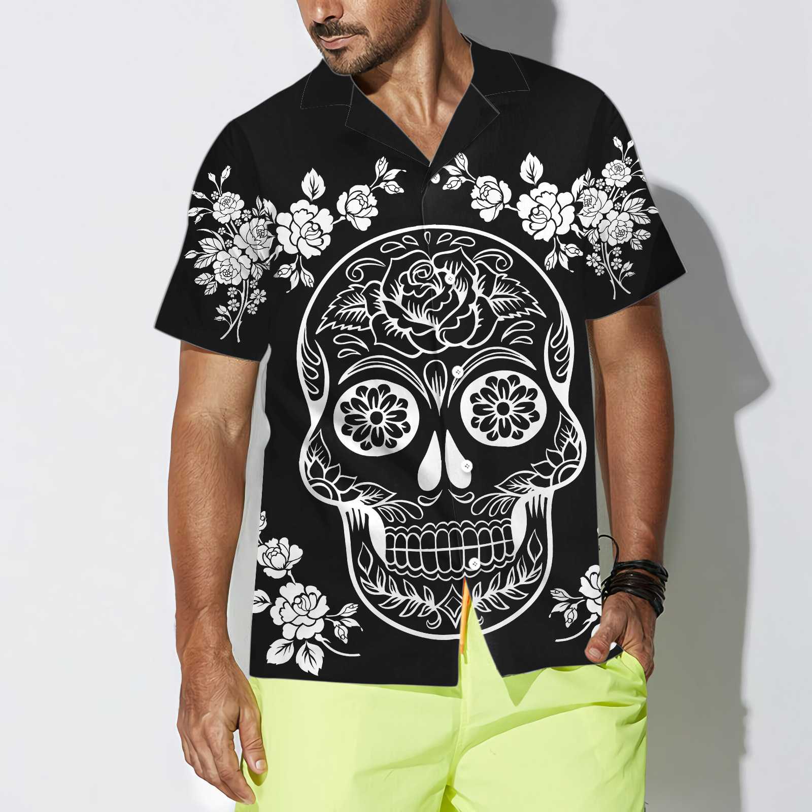 Mexican Sugar Skull Tattoo Hawaiian Shirt, Black And White Day Of The Dead Skull, Unique Day Of The Dead Gift - Hyperfavor