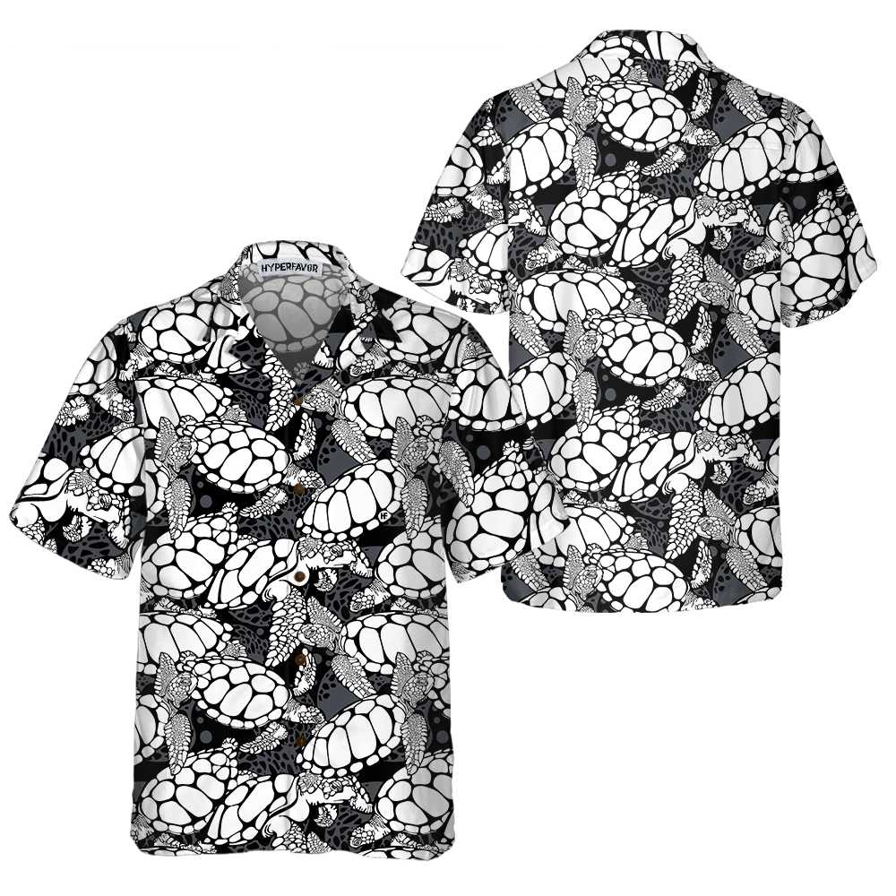 Monogram Sea Turtle Pattern Hawaiian Shirt, Black And White Turtle Seamless Pattern Shirt, Cool Turtle Shirt - Hyperfavor