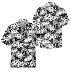 Monogram Sea Turtle Pattern Hawaiian Shirt, Black And White Turtle Seamless Pattern Shirt, Cool Turtle Shirt - Hyperfavor