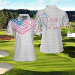 Personalize Queen Of The Golf Course Golf Custom Short Sleeve Women Polo Shirt, Golf Texture American Flag Polo Shirt For Ladies - Hyperfavor