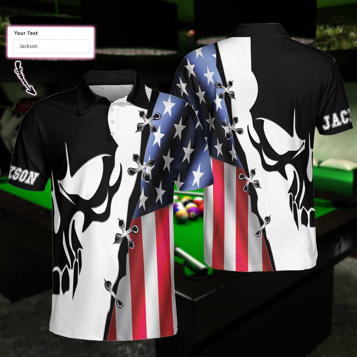 Personalized American Flag With Skull Billiards Custom Polo Shirt - Hyperfavor