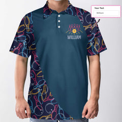 Personalized Bowling Ball Neon Pattern Custom Polo Shirt, Blue Bowling Polo Shirt For Male Bowlers - Hyperfavor