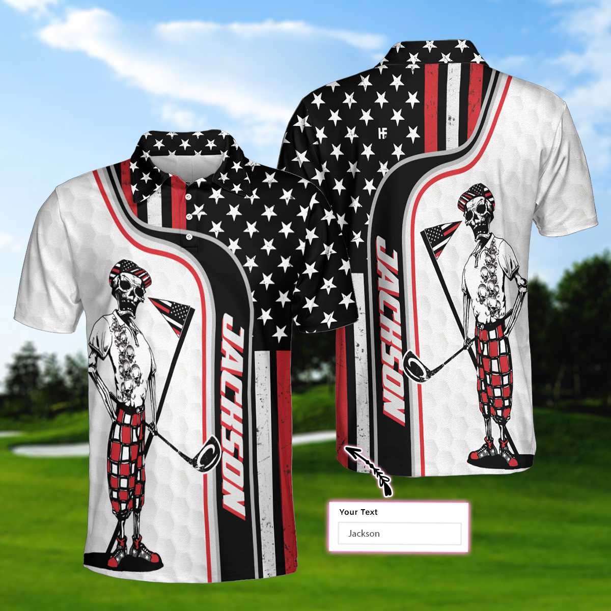 Personalized Golfer On Black And Red American Flag Custom Polo Shirt - Hyperfavor