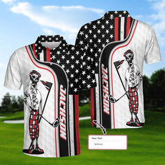 Personalized Golfer On Black And Red American Flag Custom Polo Shirt - Hyperfavor
