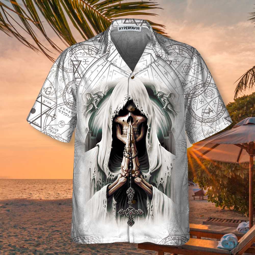 Pray Skull Hawaiian Shirt, Unique Satanic Pattern Skull Shirt For Men And Women - Hyperfavor