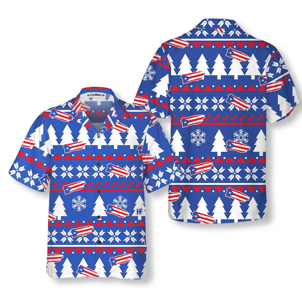 Puerto Rico Ugly Christmas Pattern Hawaiian Shirt, Puerto Rico Flag Christmas Shirt For Men - Hyperfavor