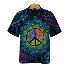 Purple Flower Hippie Hawaiian Shirt, Mandala Peace Sign Hippie Shirt - Hyperfavor