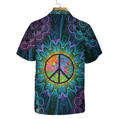 Purple Flower Hippie Hawaiian Shirt, Mandala Peace Sign Hippie Shirt - Hyperfavor