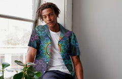 Purple Flower Hippie Hawaiian Shirt, Mandala Peace Sign Hippie Shirt - Hyperfavor