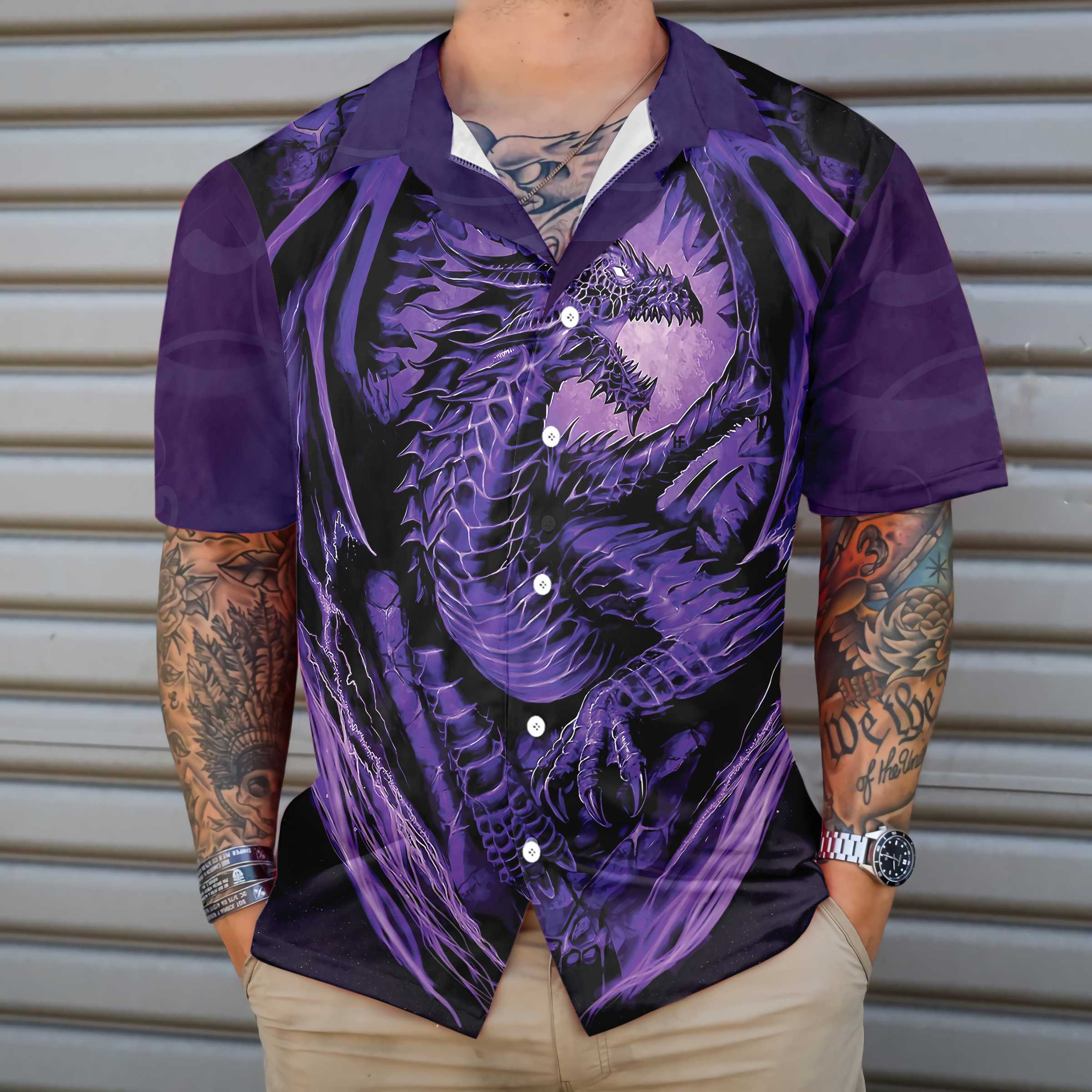 Purple Neon Dragon Hawaiian Shirt, Black And Purple Dragon Shirt, Best Gift For Dragon Lovers - Hyperfavor