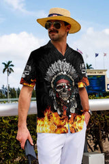 Racing Indian Skull Fire Hawaiian Shirt, Flame Skull Biker Shirt, Unique Native American Shirt - Hyperfavor