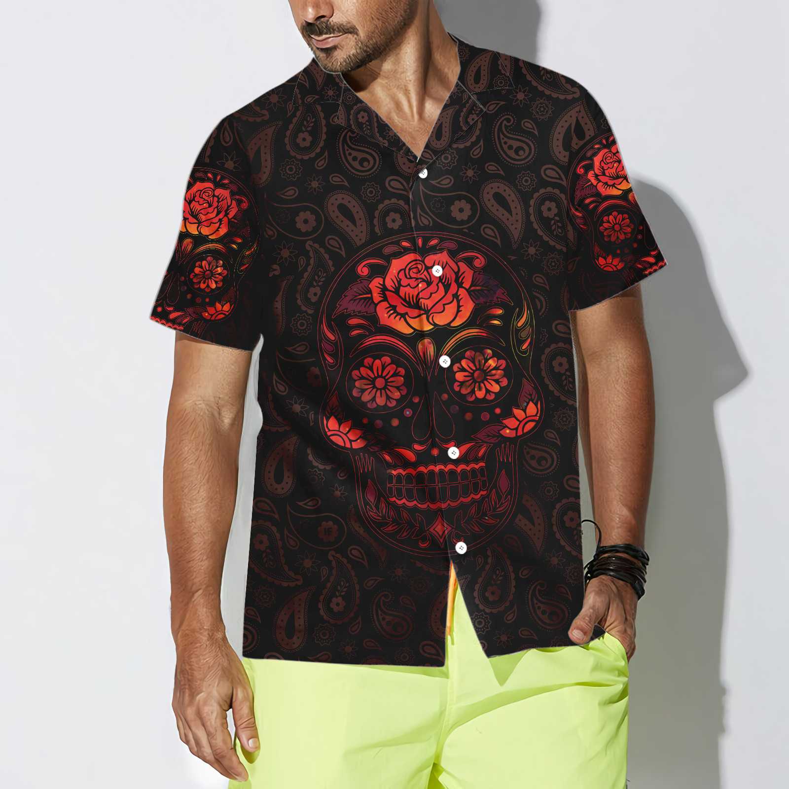Red Mexican Sugar Skull Hawaiian Shirt, Day Of The Dead Skull Shirt - Hyperfavor