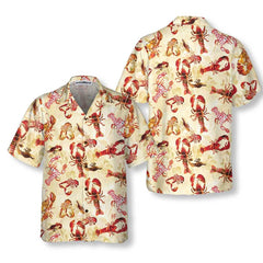 Retro Lobster Pattern Hawaiian Shirt, Unique Lobster Shirt, Lobster Print Shirt For Adults - Hyperfavor