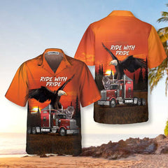 Ride With Pride Trucker Hawaiian Shirt, Eagle And Wolf Trucker Shirt, Best Gift For Trucker Riders - Hyperfavor