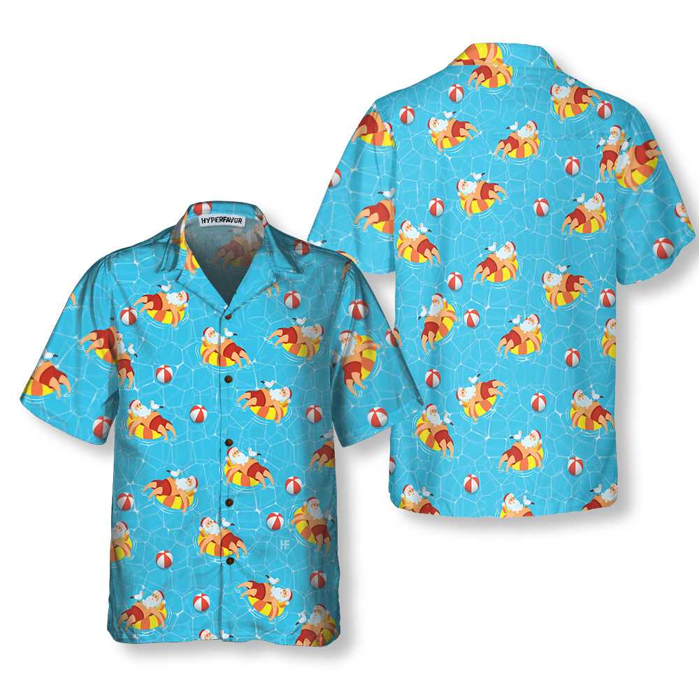 Santa Claus In Swimming Pool Pattern Hawaiian Shirt, Funny Santa Claus Shirt, Gift For Christmas - Hyperfavor