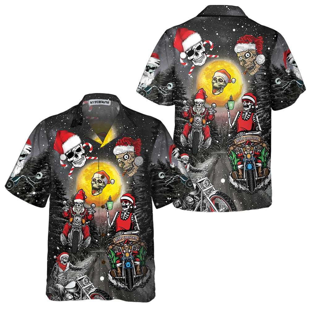 Santa Skeleton Merry Christmas Hawaiian Shirt, Funny Motorcycle Skull Biker Christmas Shirt, Gift For Christmas - Hyperfavor