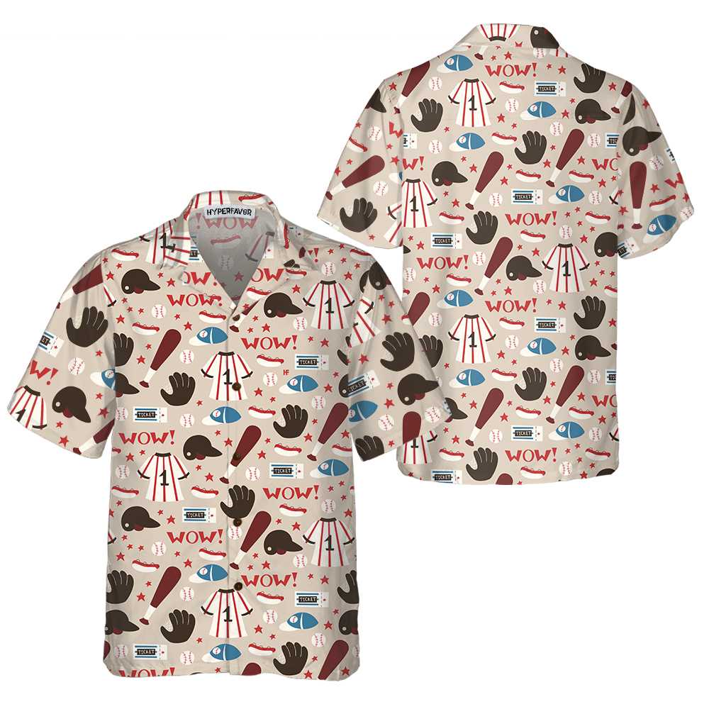 Seamless Pattern Of Baseball Equipments Baseball Hawaiian Shirt, Button Up Baseball Shirt For Men & Women, Cool Baseball Gift - Hyperfavor