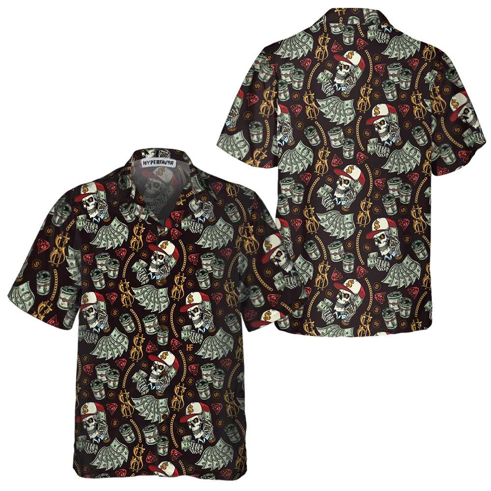 Skull And Dollars Seamless Pattern With Gold Chains Hawaiian Shirt, Short Sleeve Money Shirt - Hyperfavor