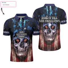 Skull Bass Fishing, Jerk It Till She Swallows Custom Polo Shirt - Hyperfavor