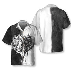 Skull Heart Flame Hawaiian Shirt, Black And White Skull Shirt For Men and Women - Hyperfavor