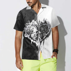 Skull Heart Flame Hawaiian Shirt, Black And White Skull Shirt For Men and Women - Hyperfavor