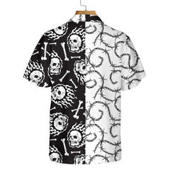 Skull On Fire With Steel Barbed Wire Skull Hawaiian Shirt, Black And White Skull Shirt For Men And Women - Hyperfavor