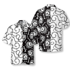 Skull On Fire With Steel Barbed Wire Skull Hawaiian Shirt, Black And White Skull Shirt For Men And Women - Hyperfavor